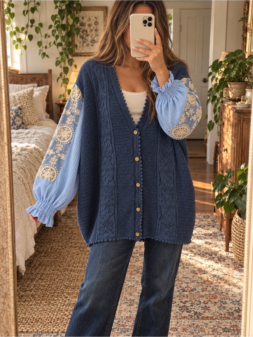 Blue Knit Button-Front Cardigan Sweater with Embroidered Balloon Sleeves